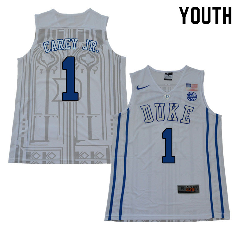 Youth #1 Vernon Carey Jr. Duke Blue Devils College Basketball Jerseys Sale-White